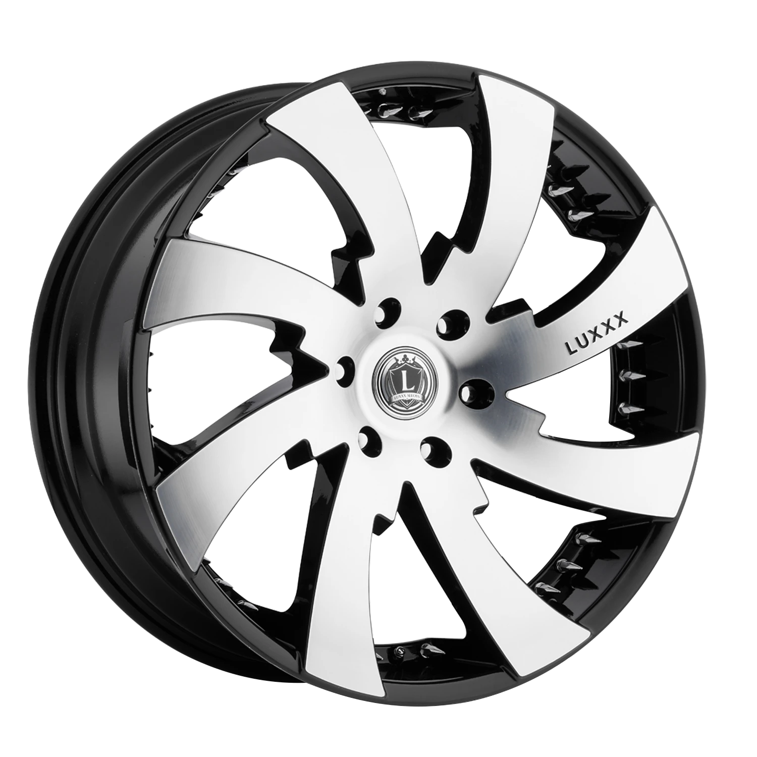 LUX12 22X9.5 6X139.7 +25 78.1 Gloss Black w/ Chrome Spike Rivets