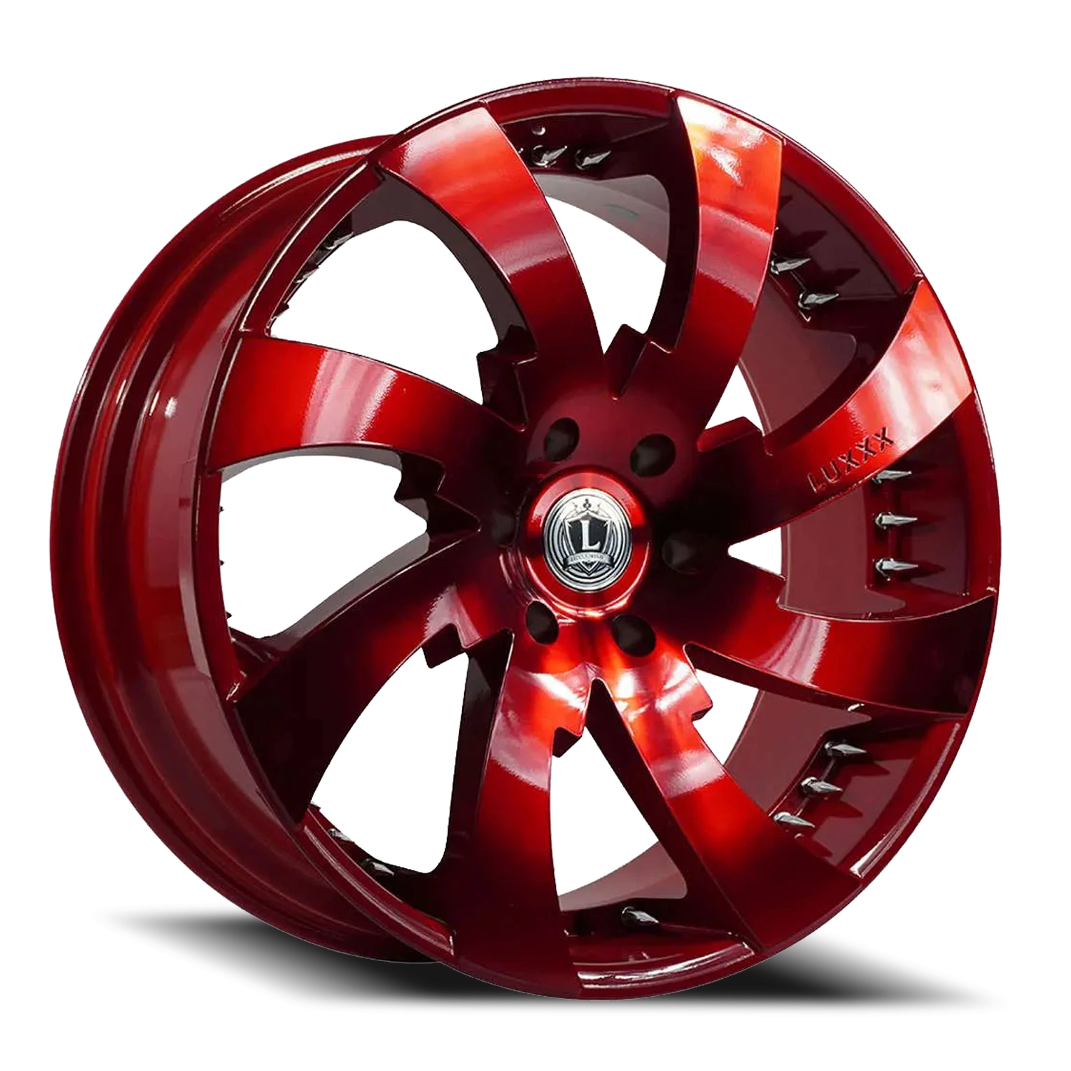 LUX12 22X9.5 6X139.7 +25 78.1 Neon Red w/ Chrome Spike Rivets