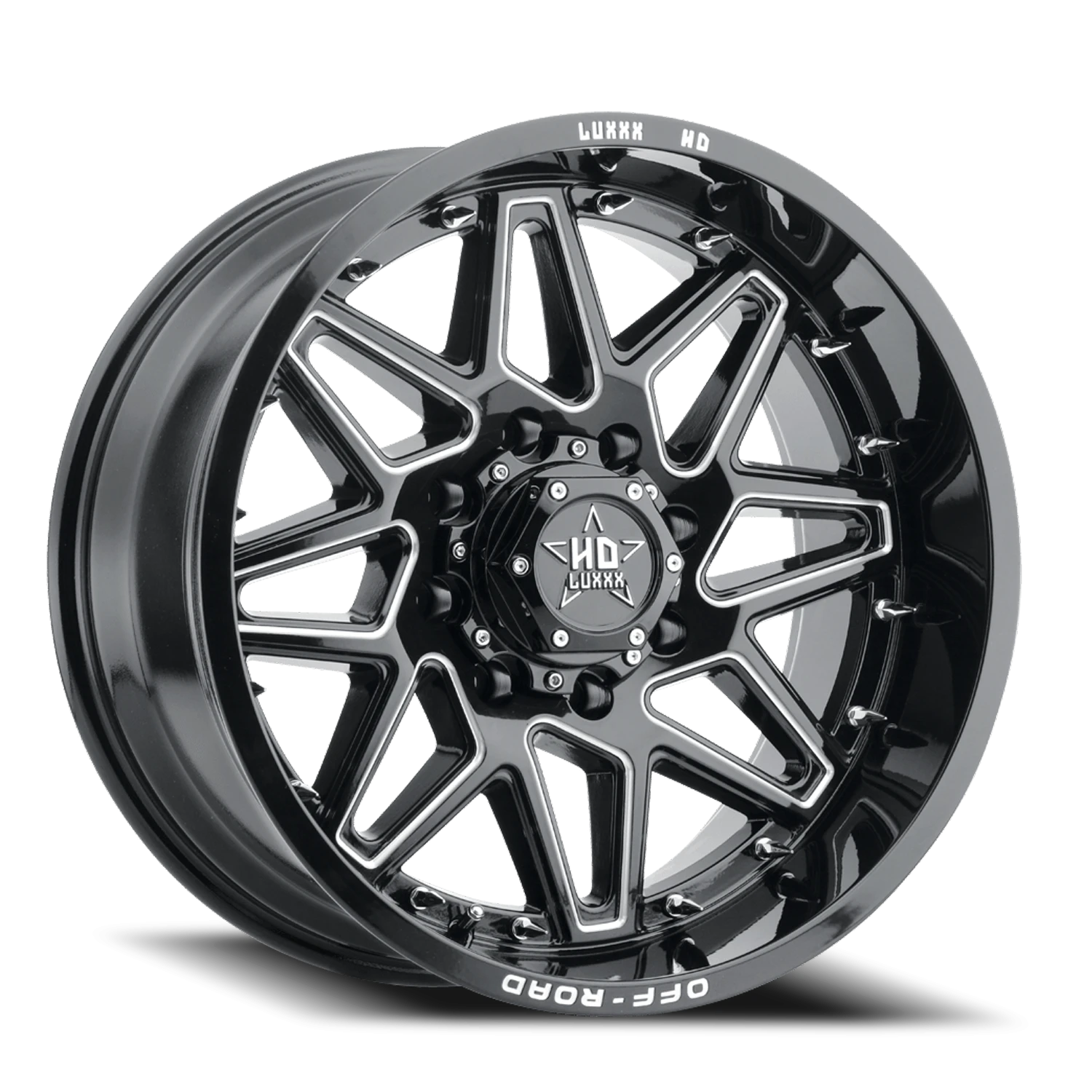 LHD17 20X10 5X150 -18 110 Gloss Black Milled w/ Chrome Spike Rivets