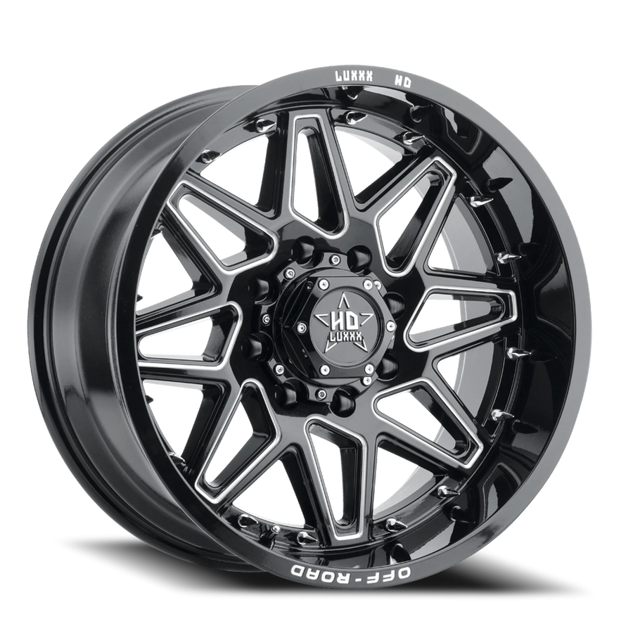 LHD17 20X10 5X127 -18 106.1 Gloss Black Milled w/ Chrome Spike Rivets