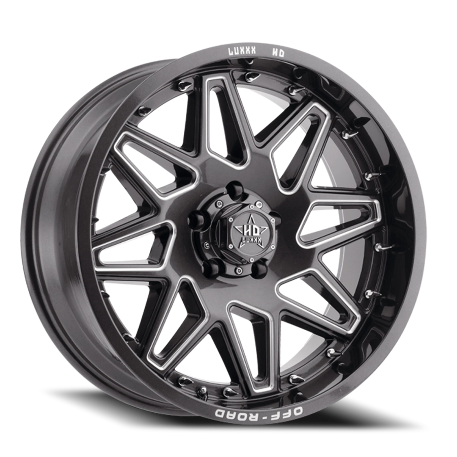 LHD17 20X9 6X135 -12 106.1 Lava Gray Milled w/ Chrome Spike Rivets