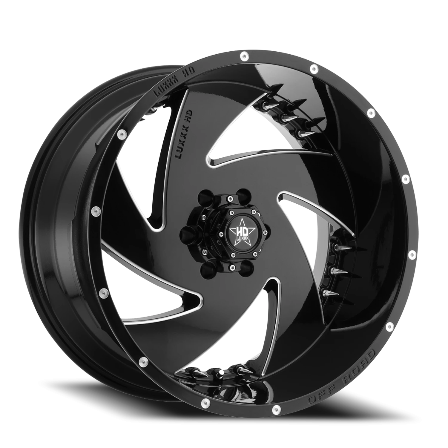 LHD7 22X12 6X139.7 -44 78.1 Gloss Black Milled w/ Chrome Spike Rivets