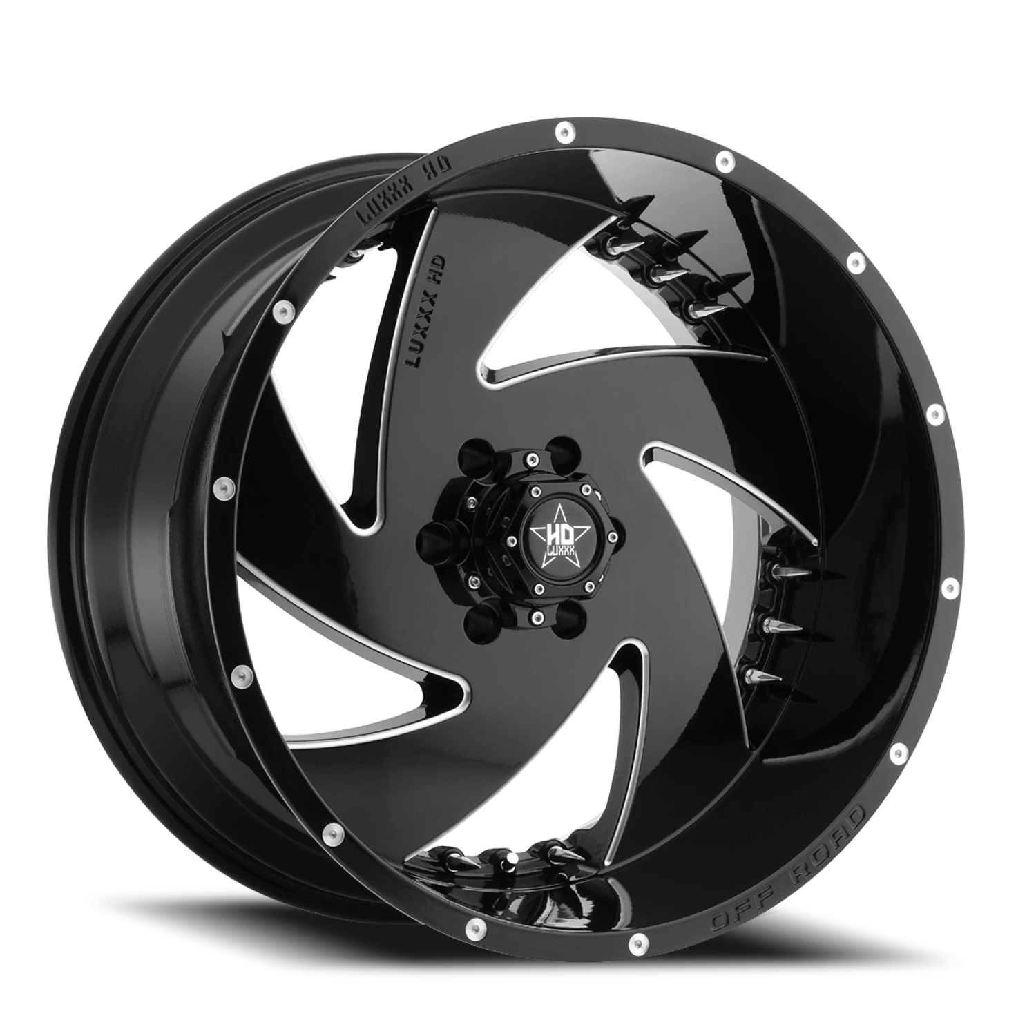 LHD6 20X10 8X180 -18 125 Gloss Black Milled w/ Chrome Spike Rivets