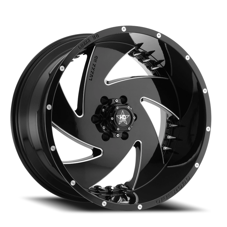 LHD6 20X10 8X180 -18 125 Gloss Black Milled w/ Chrome Spike Rivets