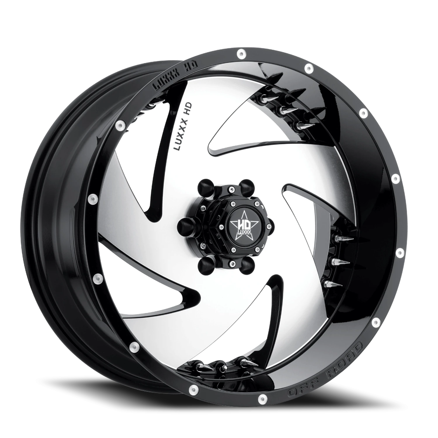 LHD6 20X10 5X127 -18 78.1 Gloss Black Machined Face w/ Chrome Spike Rivets