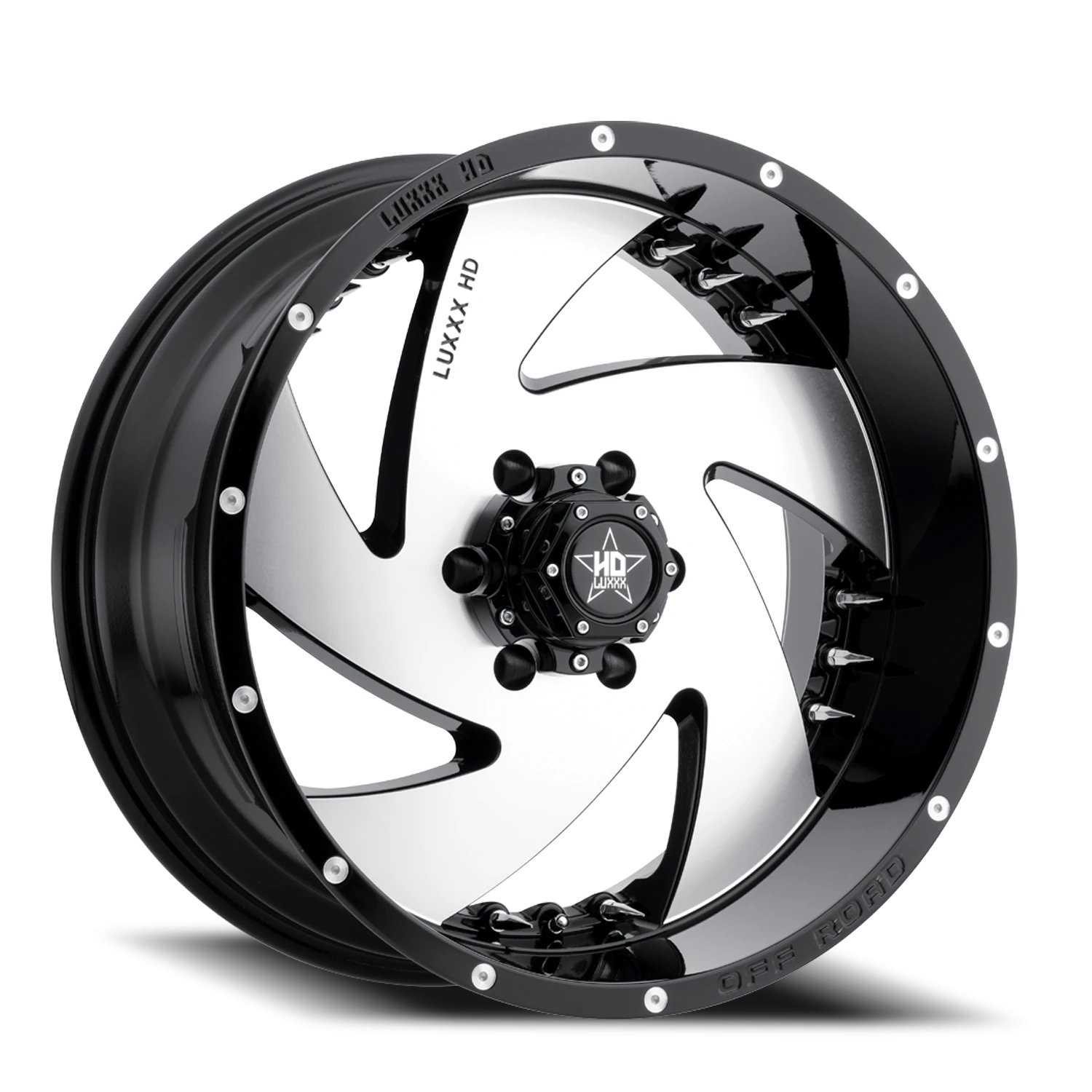 LHD6 22X12 8X165 -44 122.1 Gloss Black Machined Face w/ Chrome Spike Rivets