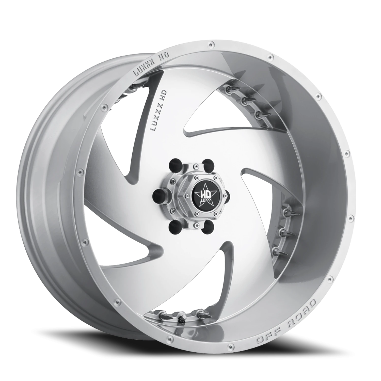LHD6 22X12 6X139.7 -44 106.1 Silver Machined Face w/ Chrome Spike Rivets