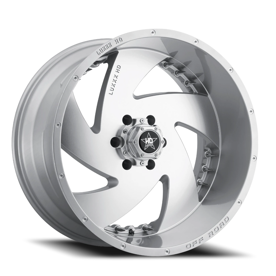 LHD6 22X12 6X139.7 -44 106.1 Silver Machined Face w/ Chrome Spike Rivets