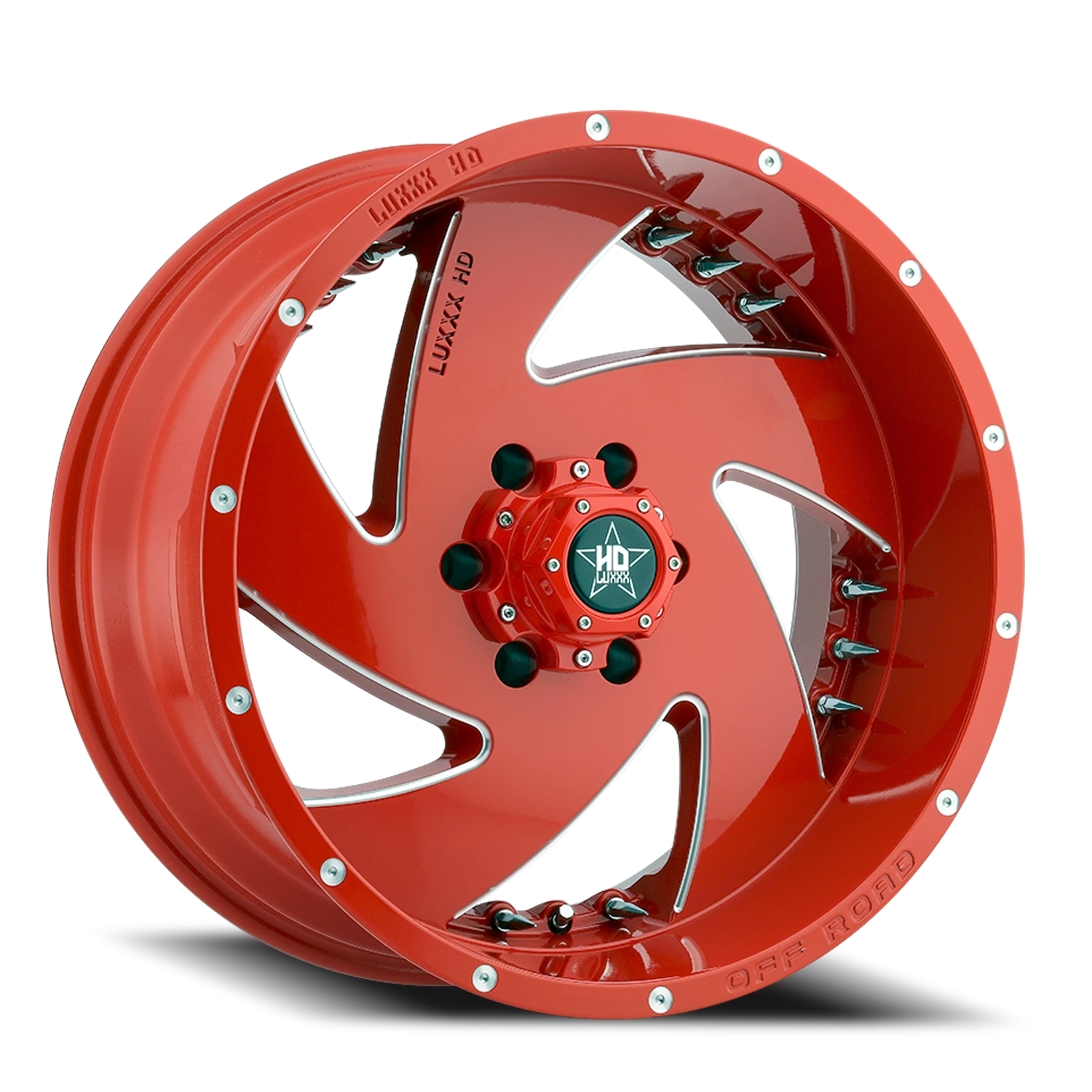 LHD6 22X12 6X139.7 -44 106.1 Red Milled w/ Chrome Spike Rivets
