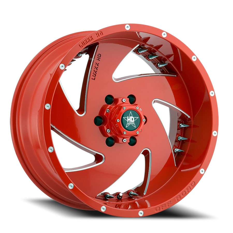 LHD6 22X12 6X139.7 -44 106.1 Red Milled w/ Chrome Spike Rivets
