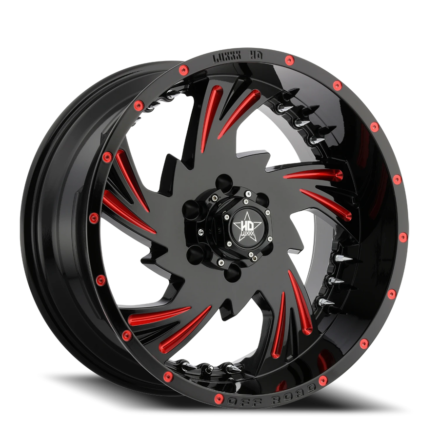 LHD7 20X10 6X135 -18 87.1 Gloss Black Red  Milled w/ Chrome Spike Rivets