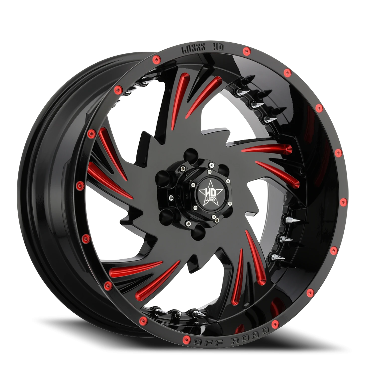 LHD7 20X10 8X170 -18 125 Gloss Black Red Milling w/ Chrome Spike Rivets
