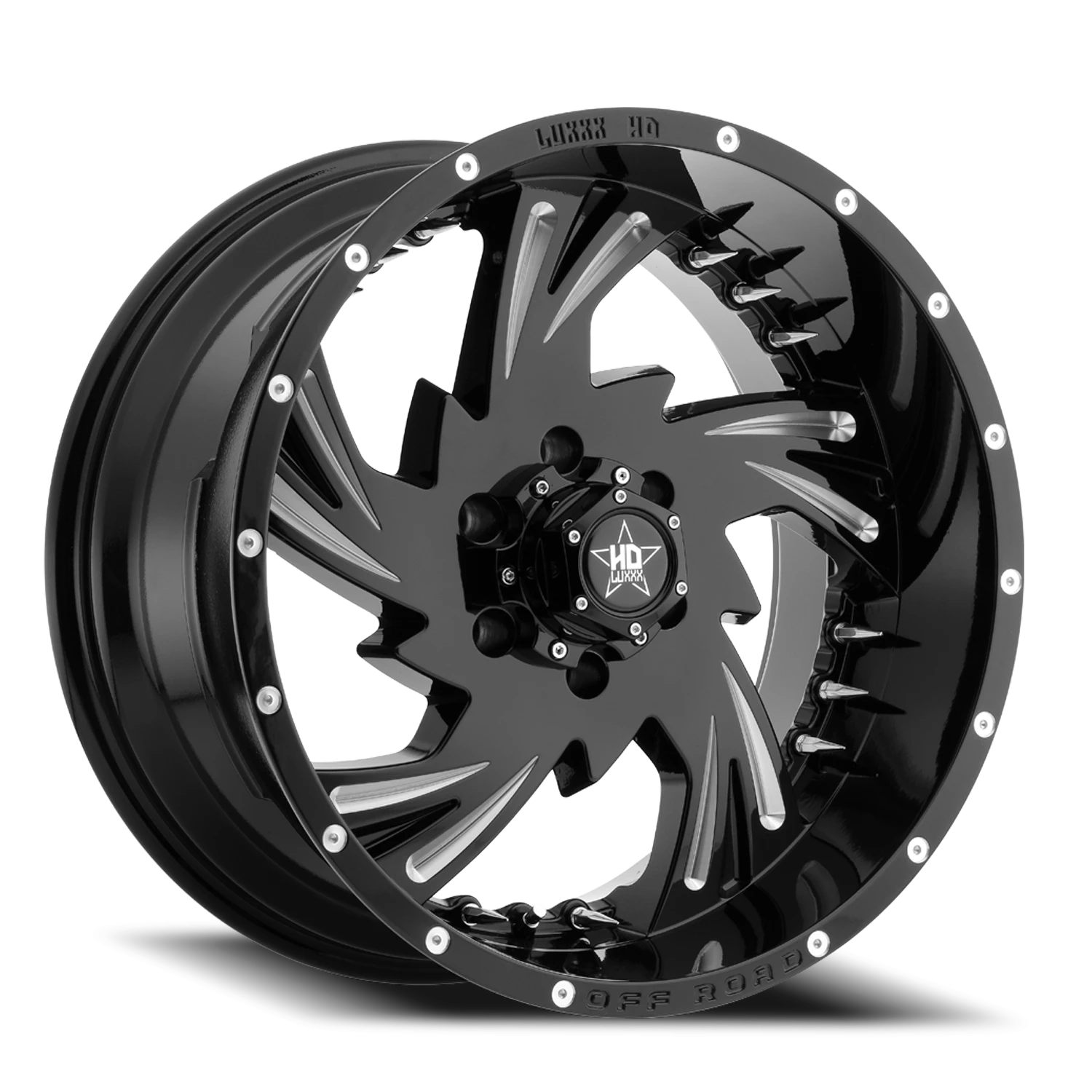 LHD7 20X10 6X135 -18 87.1 Gloss Black Milled w/ Chrome Spike Rivets