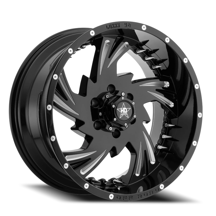 LHD7 20X10 6X135 -18 87.1 Gloss Black Milled w/ Chrome Spike Rivets