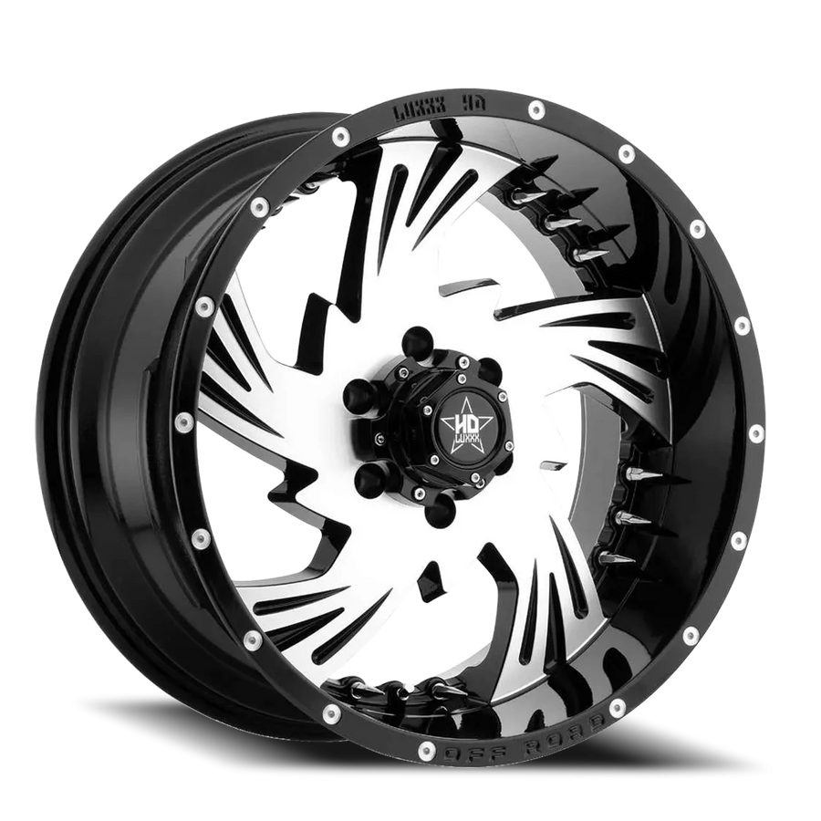 LHD7 20X10 5X150 -18 110 Gloss Black Machined Face w/ Chrome Spike Rivets