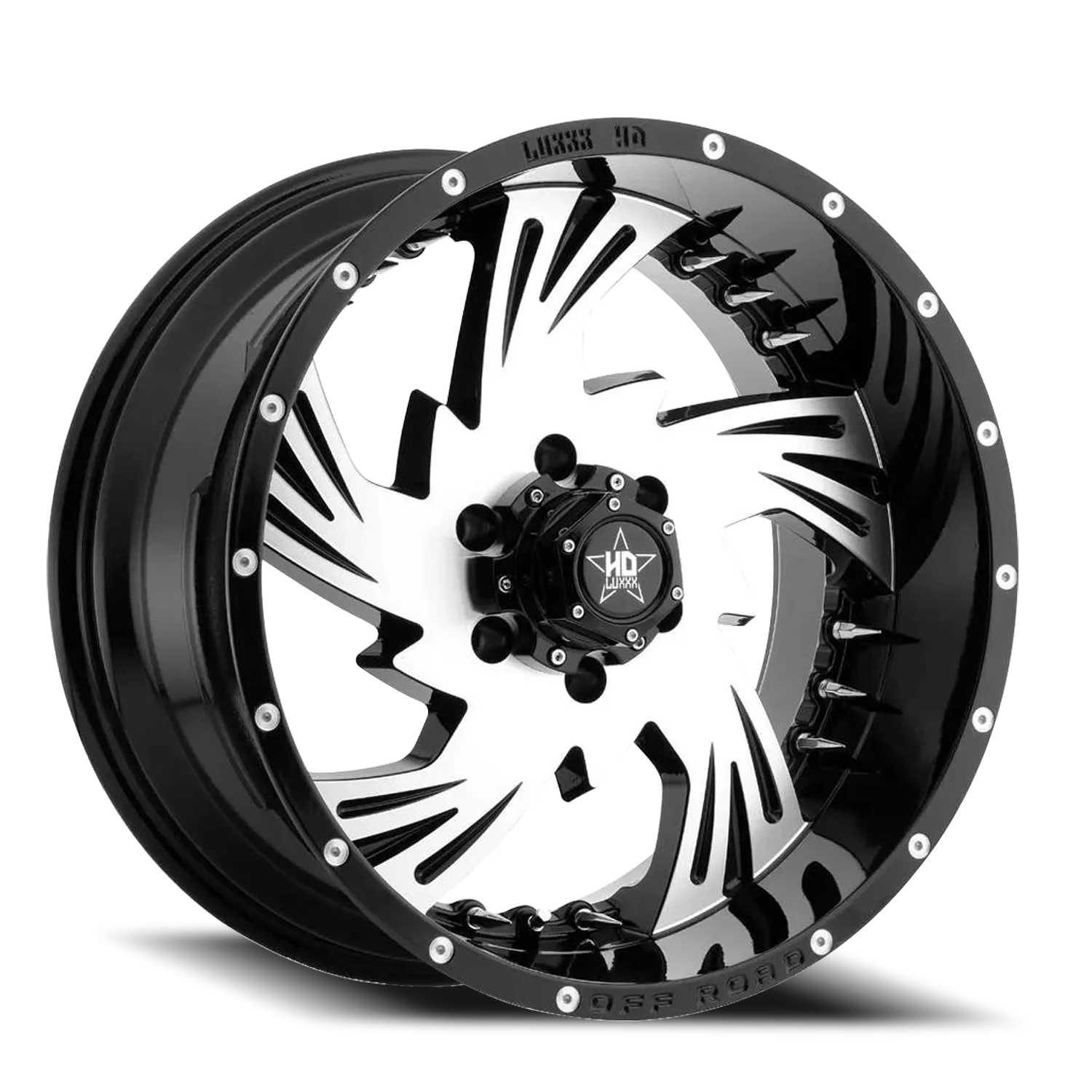 LHD7 20X10 5X139.7 -18 78.1 Gloss Black Machined Face w/ Chrome Spike Rivets