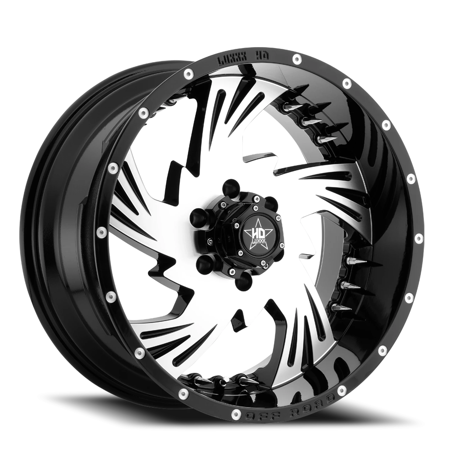 LHD7 20X10 6X139.7 -18 106.1 Gloss Black Machined Face w/ Chrome Spike Rivets